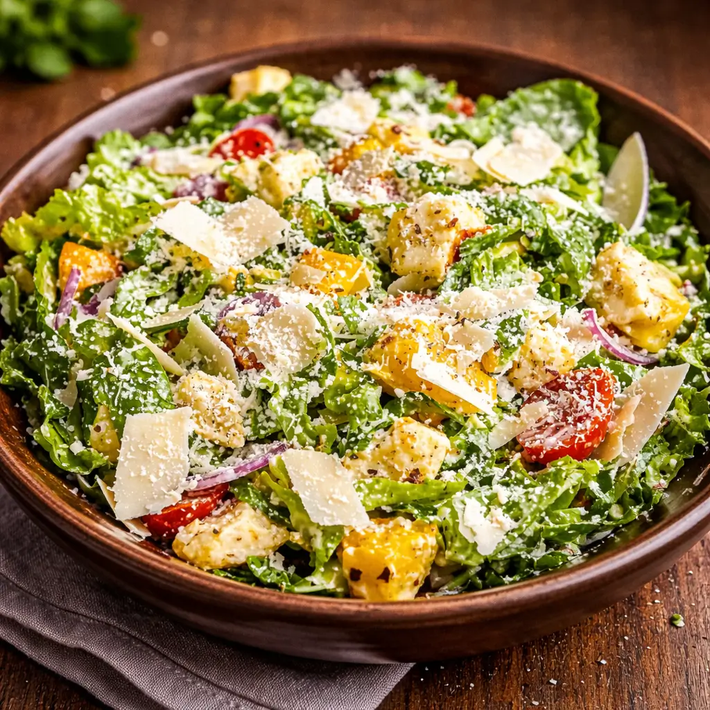 A fresh Parmesan Chopped Salad in a wooden bowl with grated cheese.