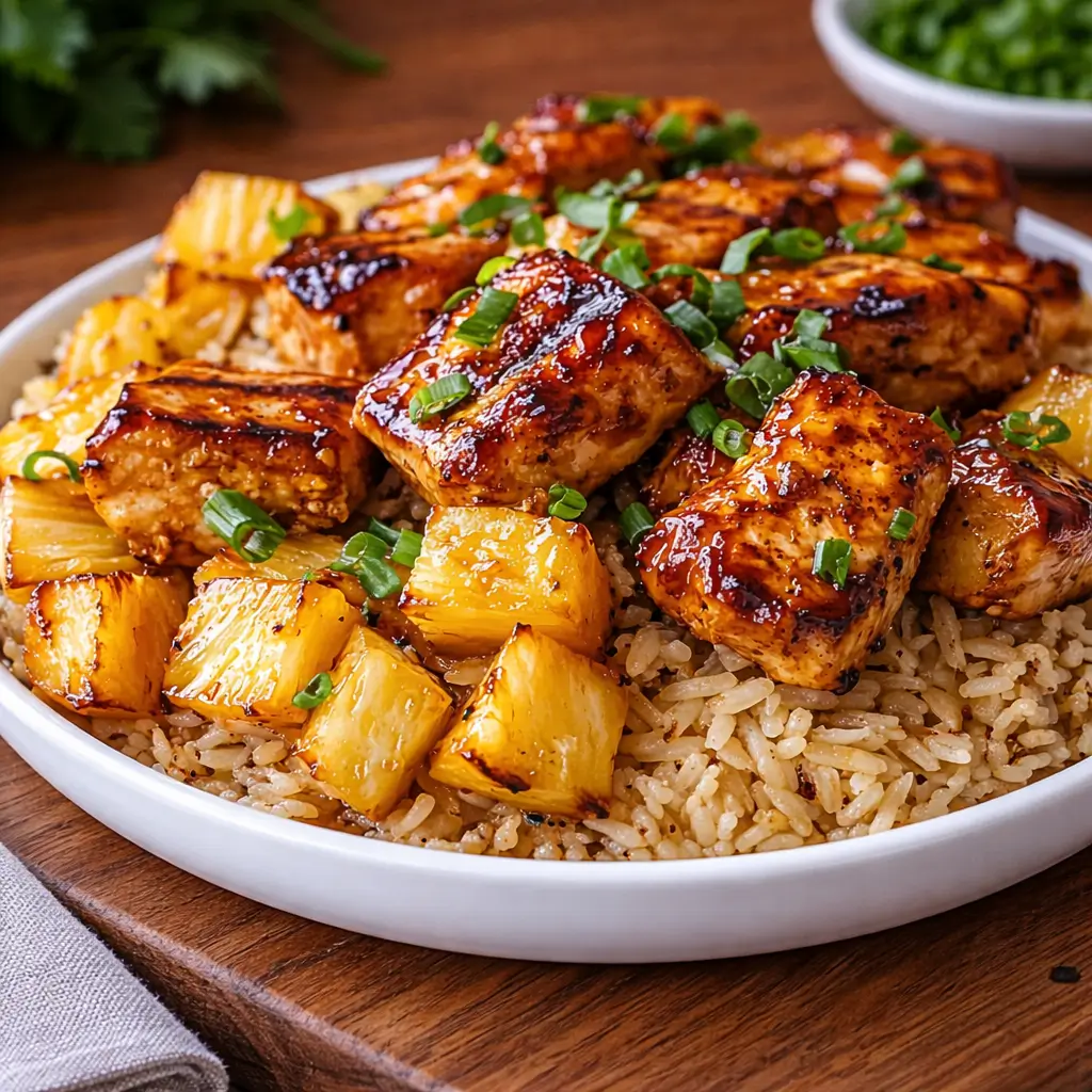 A vibrant bowl of Pineapple Chicken Rice served in a pineapple shell.
