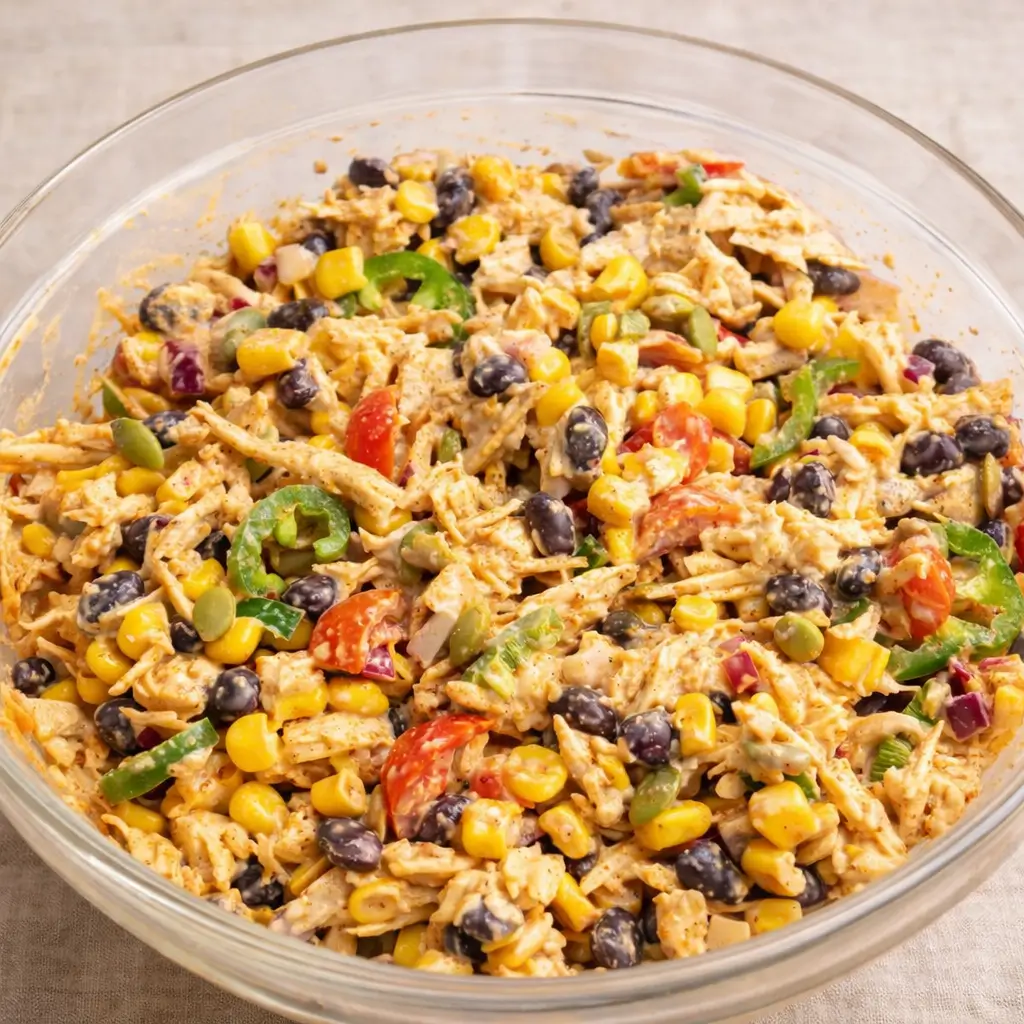 Quick Southwest Chicken Salad in a wooden bowl on a sunlit counter