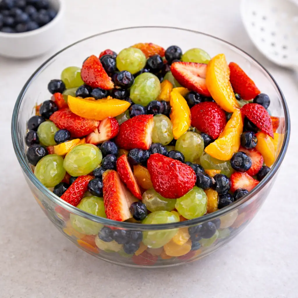 A bowl of Secret Ingredient Fruit Salad with fresh berries and peach glaze.