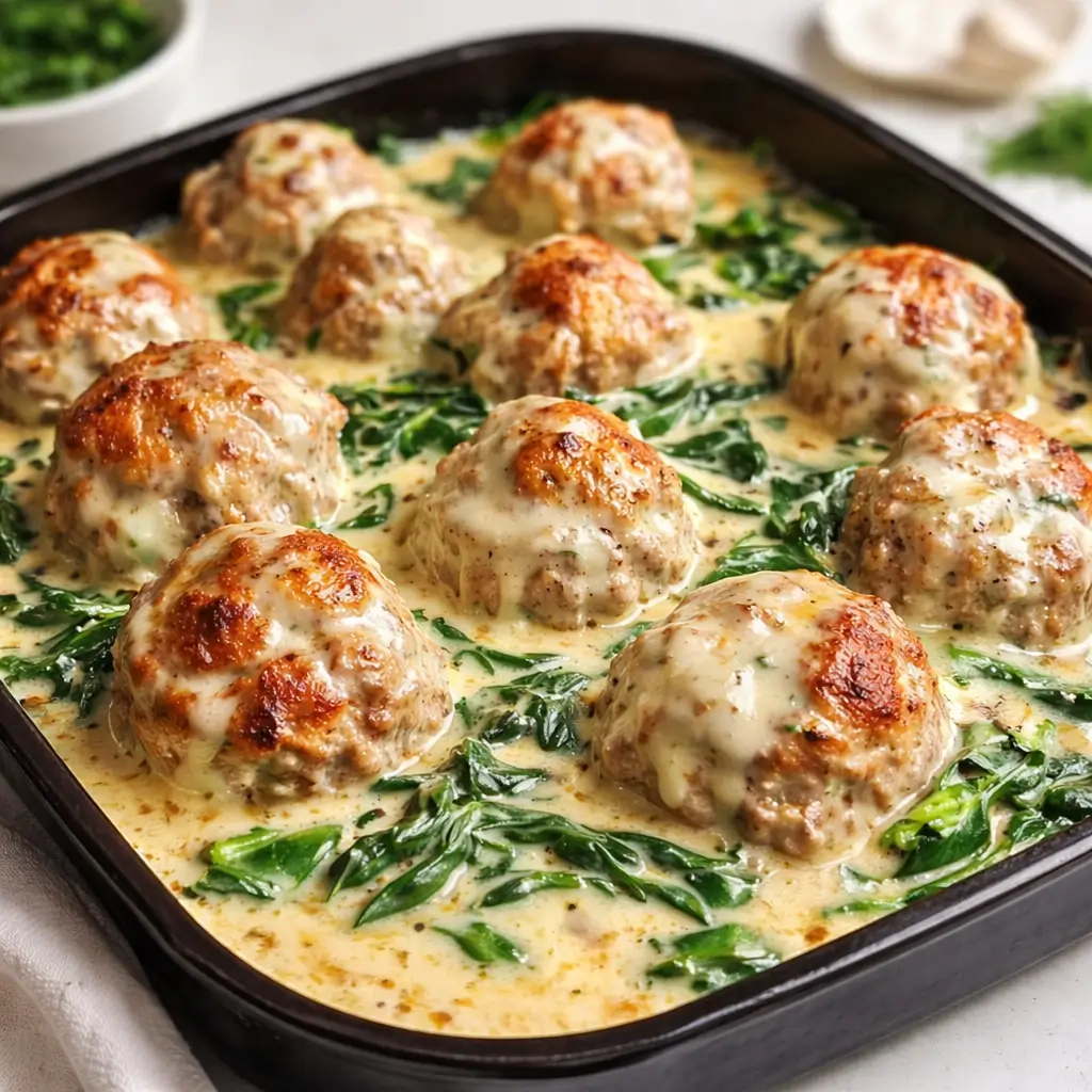 A close-up of Southern Style Baked Chicken Ricotta Meatballs in creamy spinach Alfredo sauce.