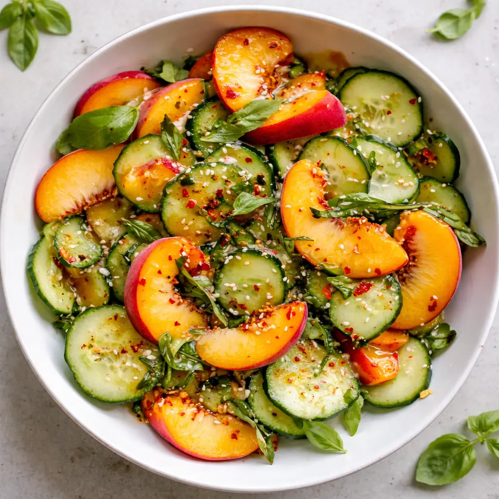 A fresh Spicy Peach Cucumber Salad with chili flakes and basil.