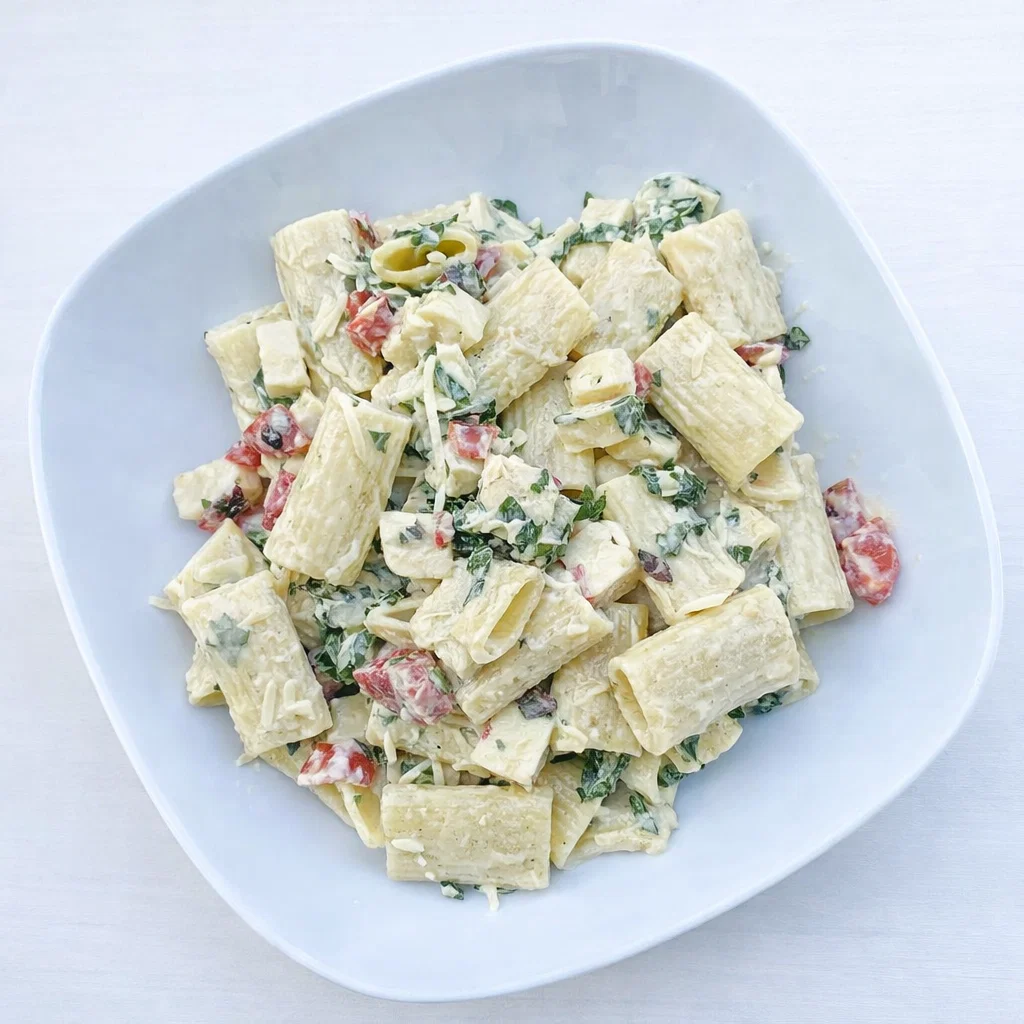 Spinach Smoked Mozzarella Pasta Salad in white bowl