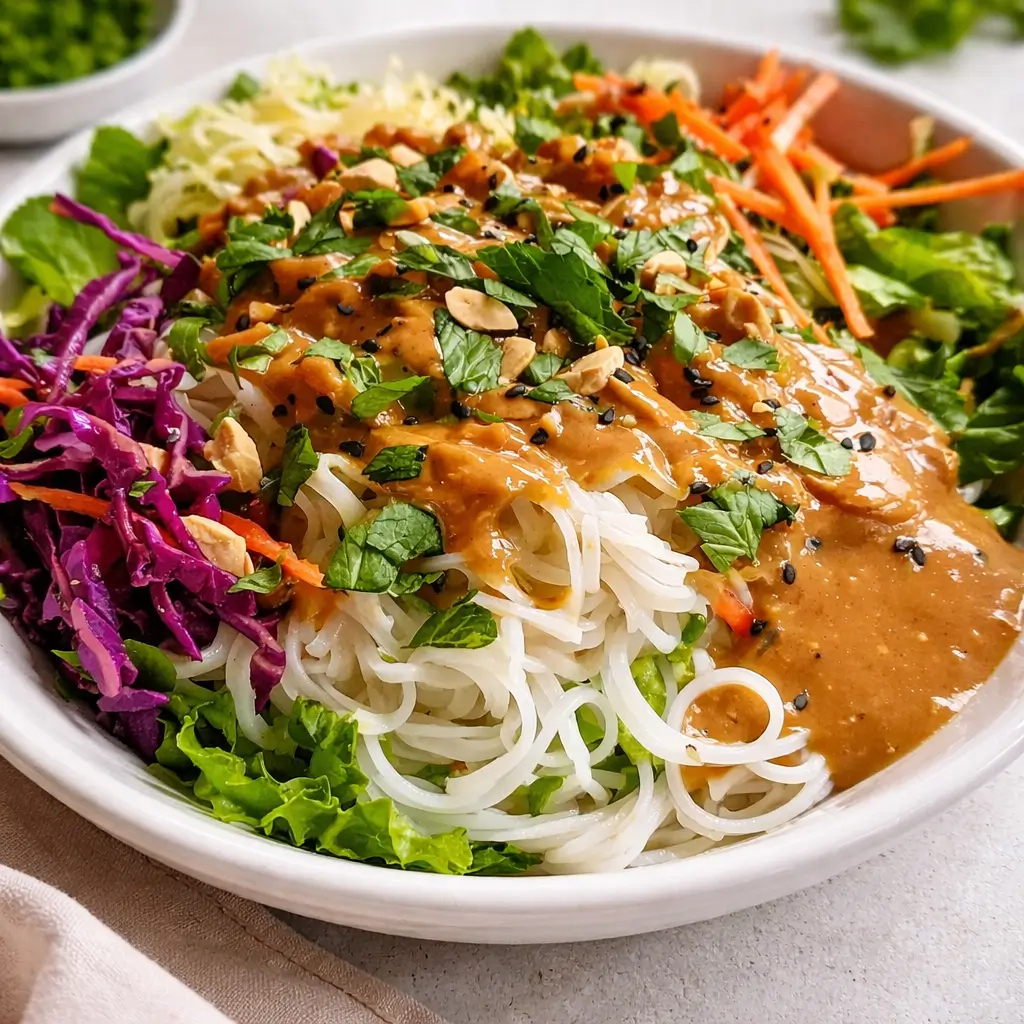Spring Roll Salad with Peanut Dressing in a ceramic bowl