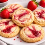 A stack of Strawberry Cheesecake Cookies with a creamy filling