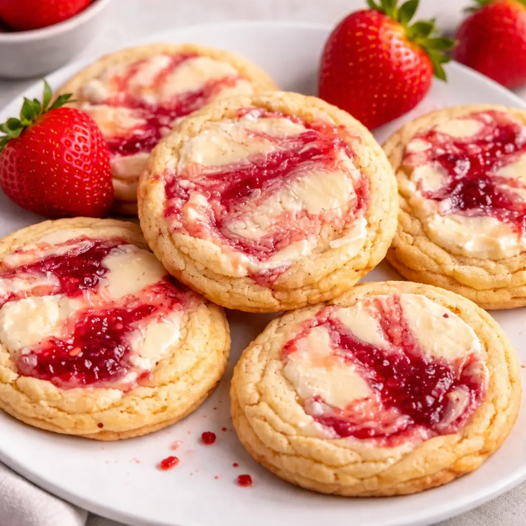 A stack of Strawberry Cheesecake Cookies with a creamy filling