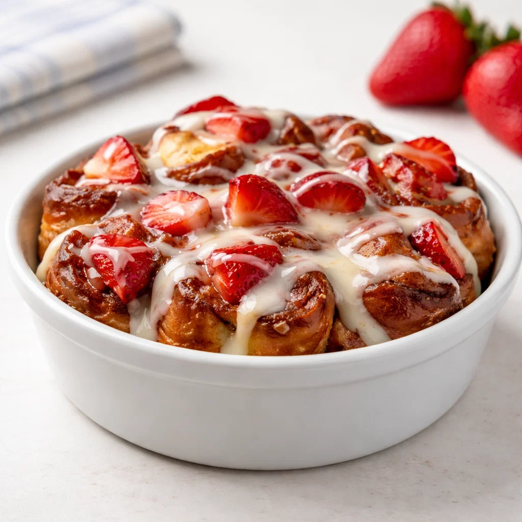 Strawberry Cinnamon Roll Bake fresh from the oven with icing drizzle