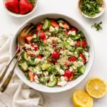 Fresh Strawberry Cucumber Salad with feta and basil in a white bowl