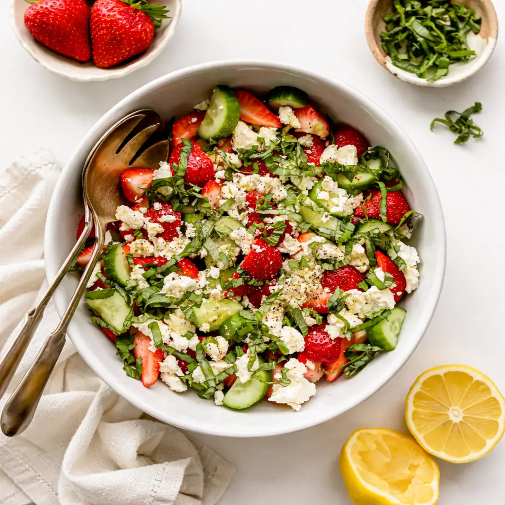 Fresh Strawberry Cucumber Salad with feta and basil in a white bowl