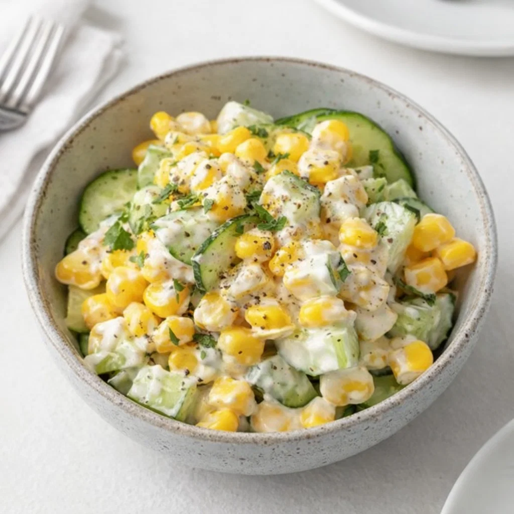 Street Corn Meets Creamy Cucumber salad in white bowl