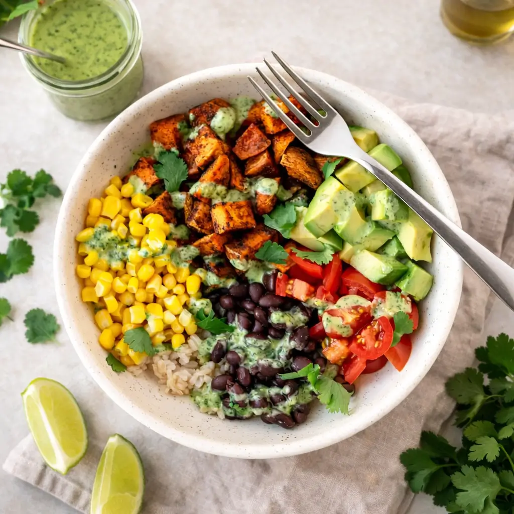 A vibrant Sweet Potato Taco Bowl with roasted sweet potatoes and avocado.