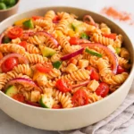 Zesty Salad Supreme Pasta Salad in a white bowl on a wooden table.