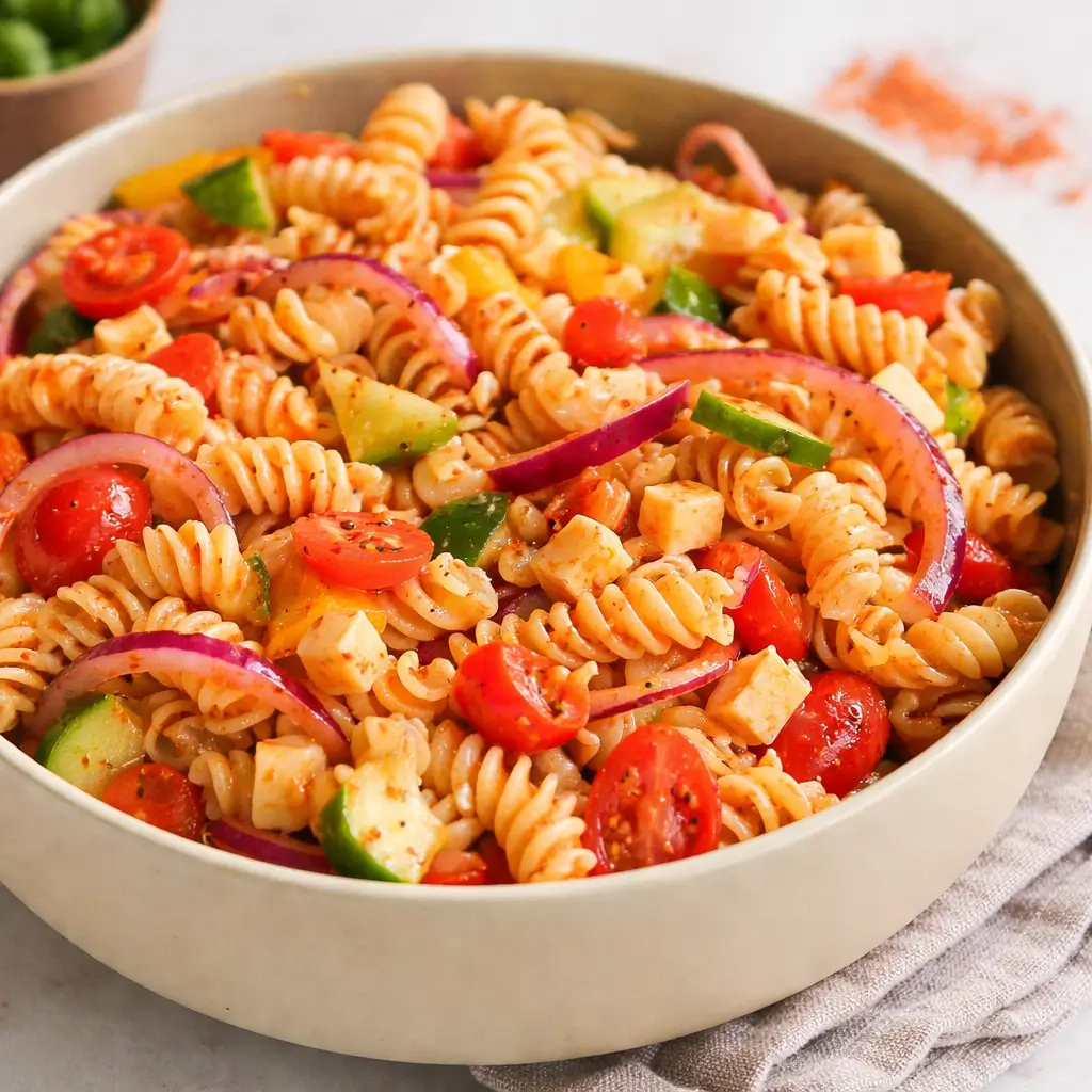 Zesty Salad Supreme Pasta Salad in a white bowl on a wooden table.