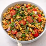 A large bowl of creamy Vegan Southwest Pasta Salad on a wooden table