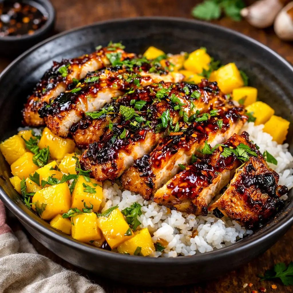 A plate of glossy Asian Mango Glazed Chicken over jasmine rice.