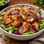 Asian Sesame Chicken Salad in a dark bowl with grilled chicken and wonton strips