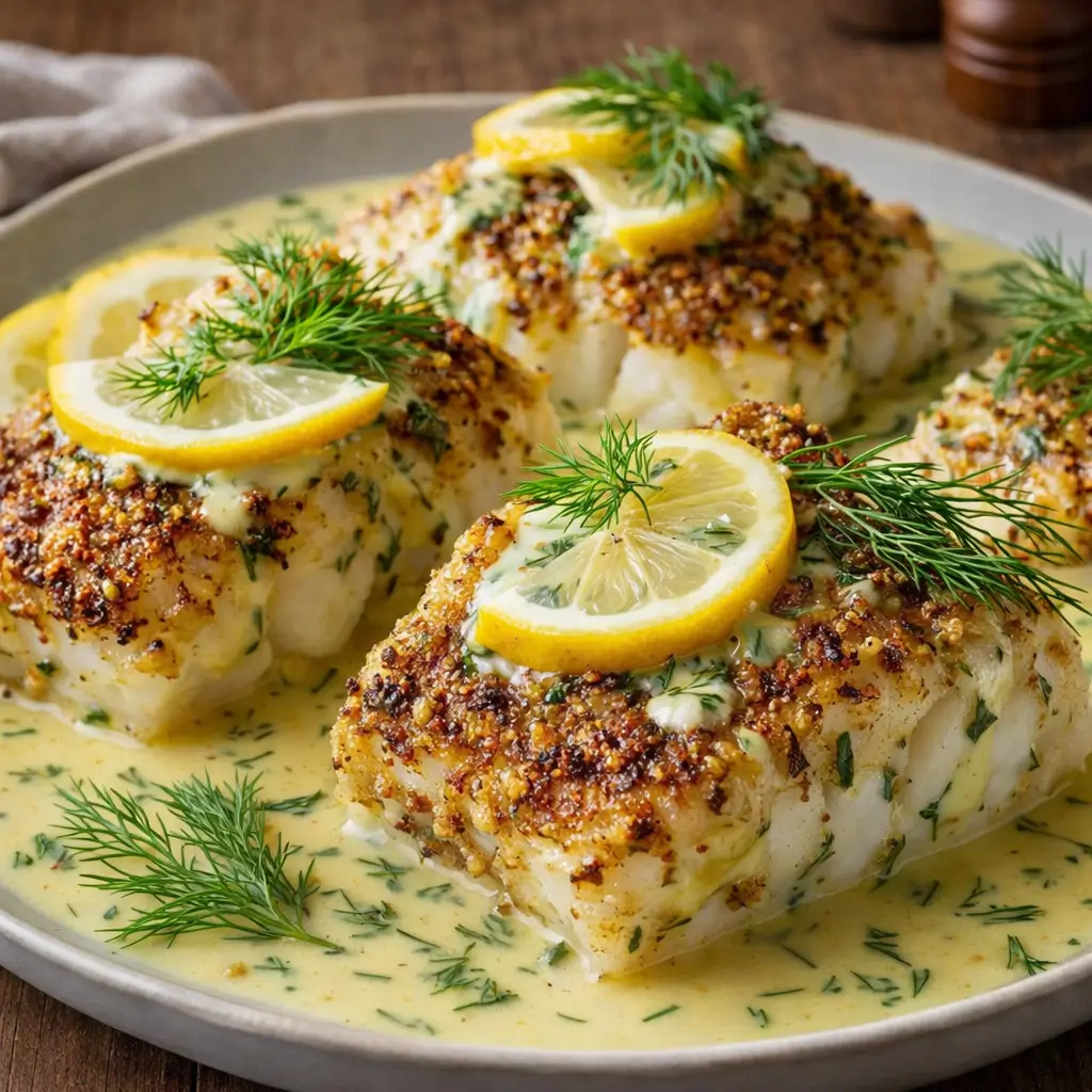 Baked Cod with Lemon-Dill Sauce on a white plate with lemon wedges.