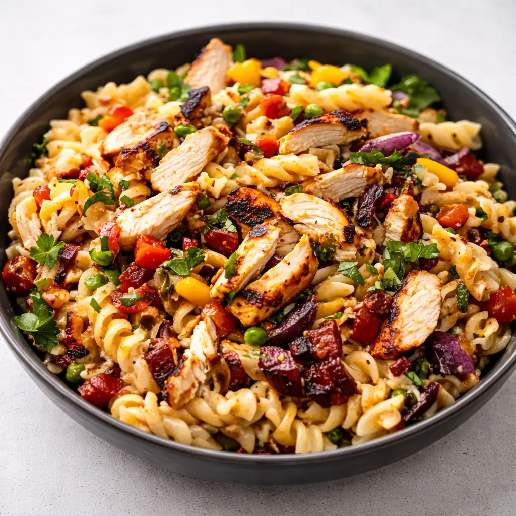 A vibrant bowl of BBQ Chicken Pasta Salad on a wooden table.