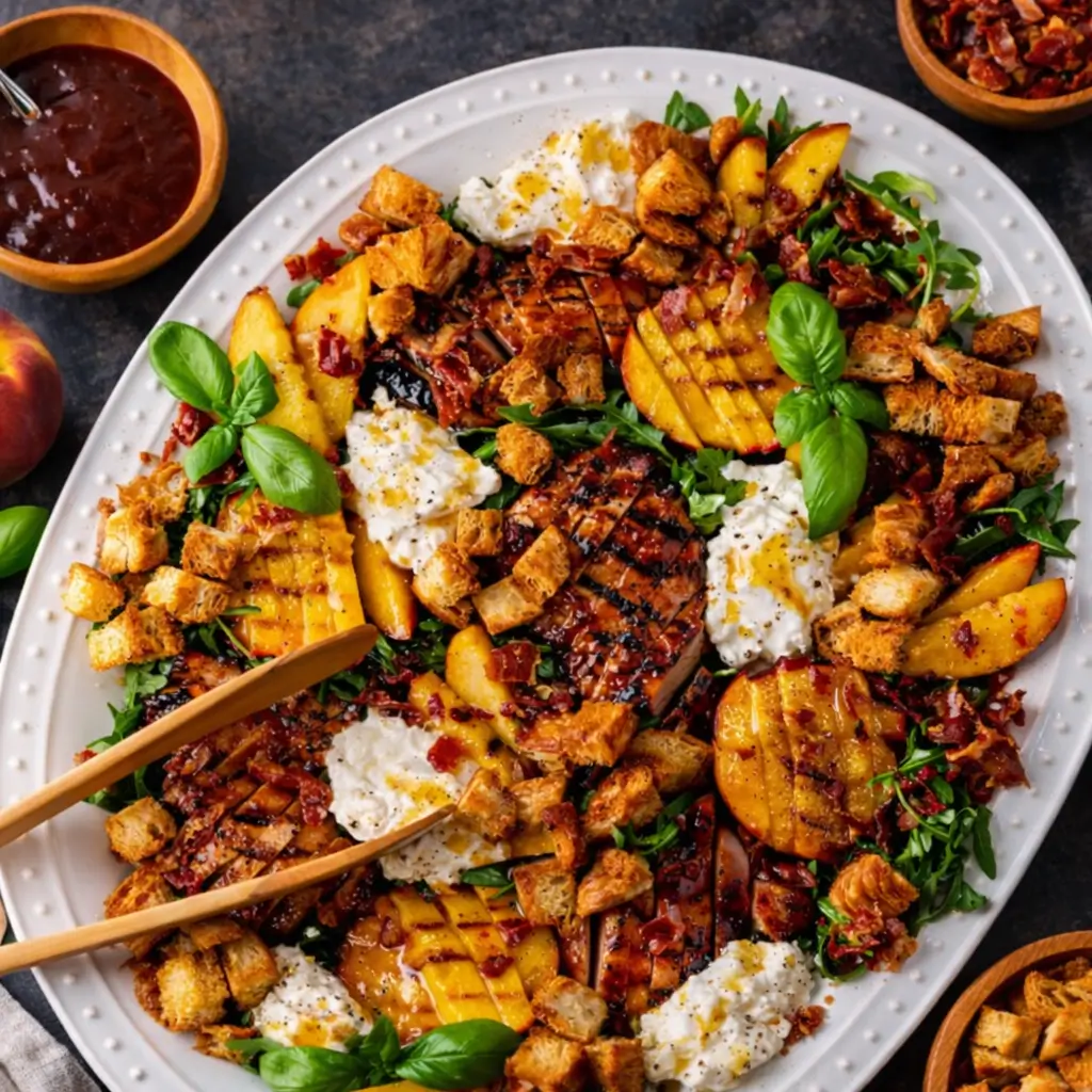 BBQ Chicken Salad with Grilled Peaches and Burrata on a platter