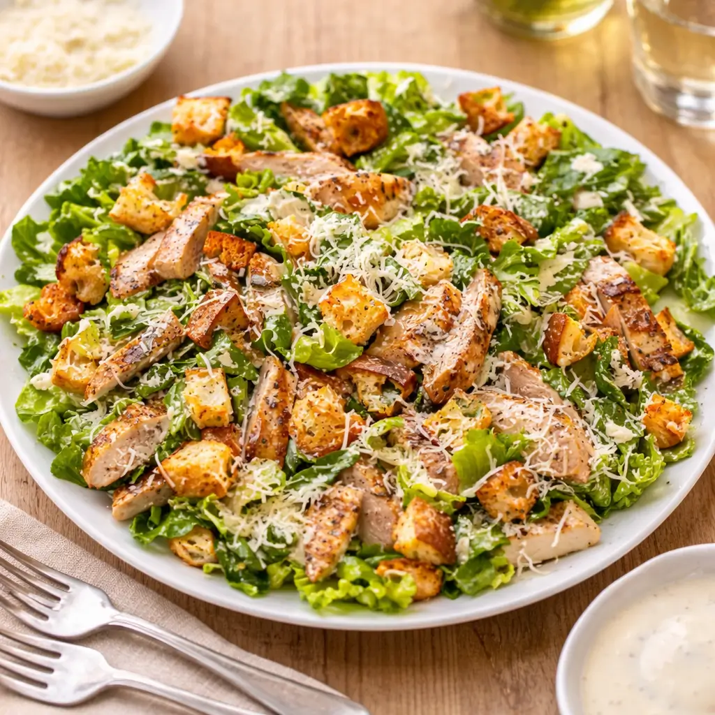 Best Chicken Caesar Salad with Homemade Croutons in a wooden bowl