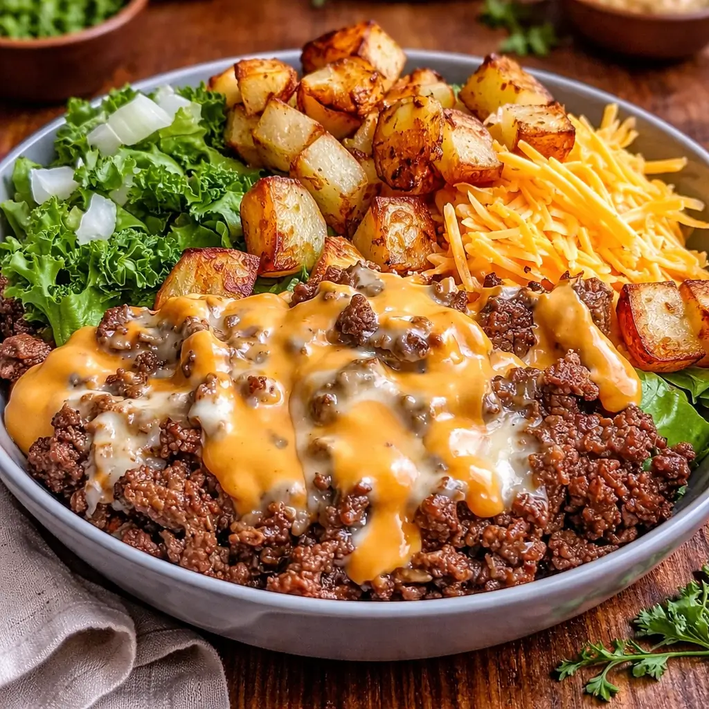 Smash Burger Bowl with melted cheese and special sauce