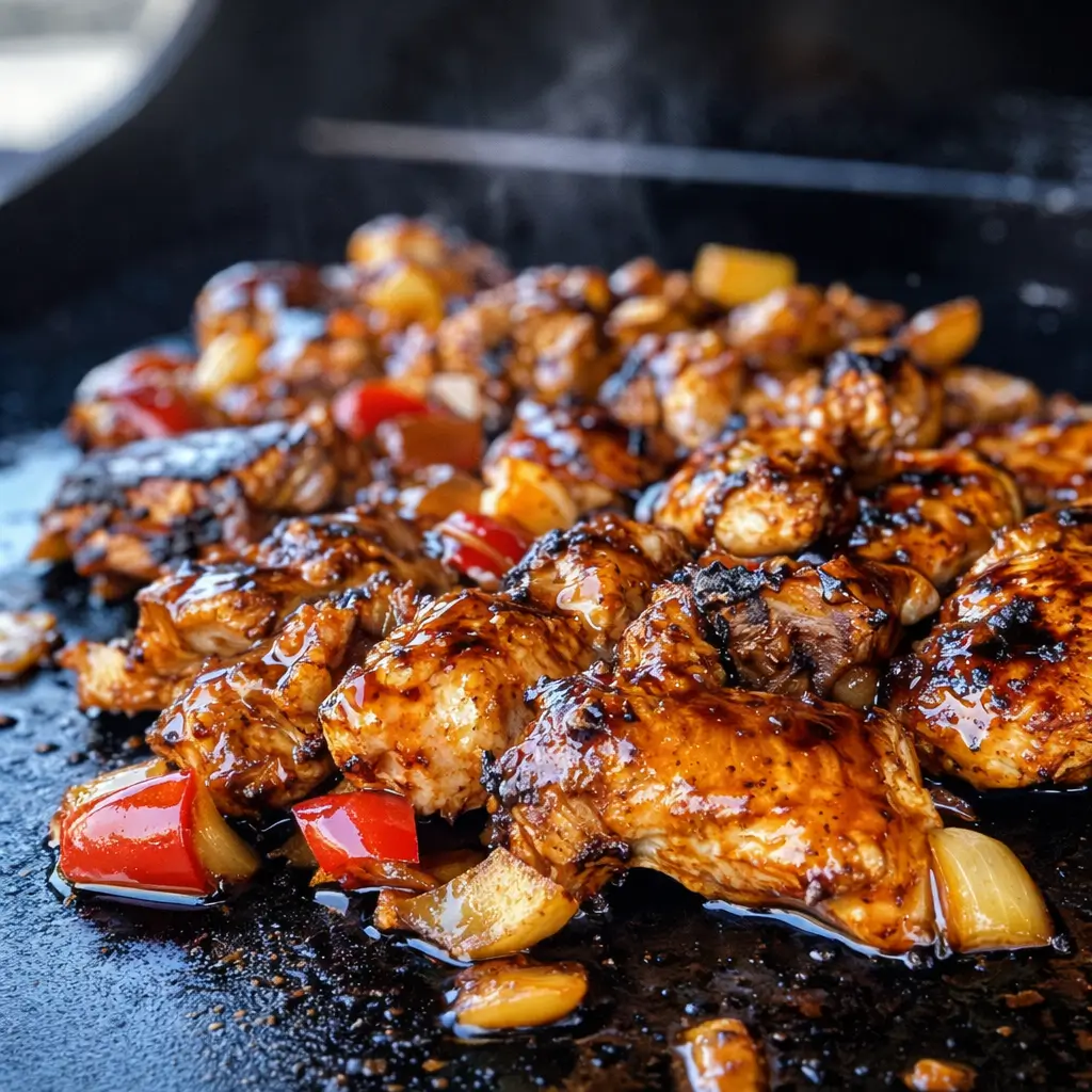 Blackstone Bourbon Chicken On The Griddle with sticky glaze and green onions