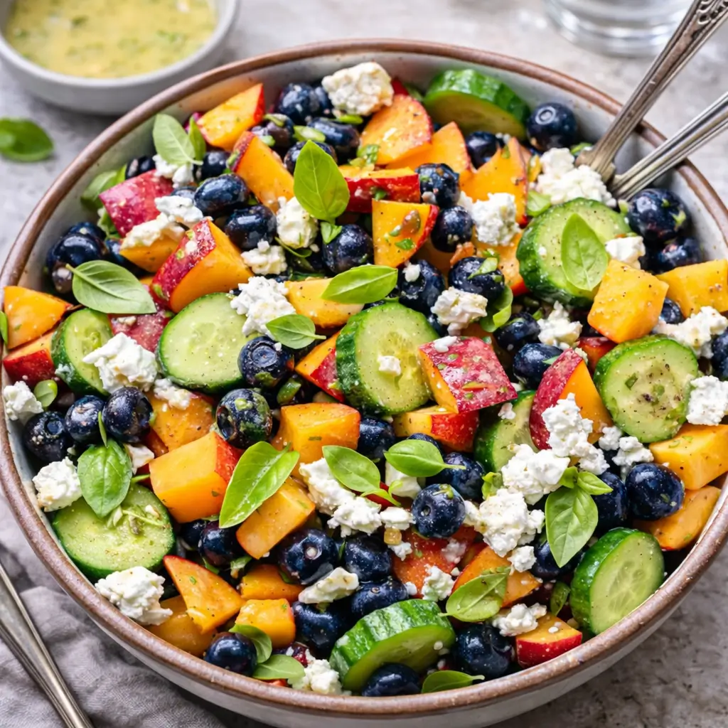 A vibrant Blueberry Peach Feta Salad in a white serving bowl with fresh basil.