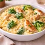 Cheesy Chicken Broccoli Orzo in a skillet