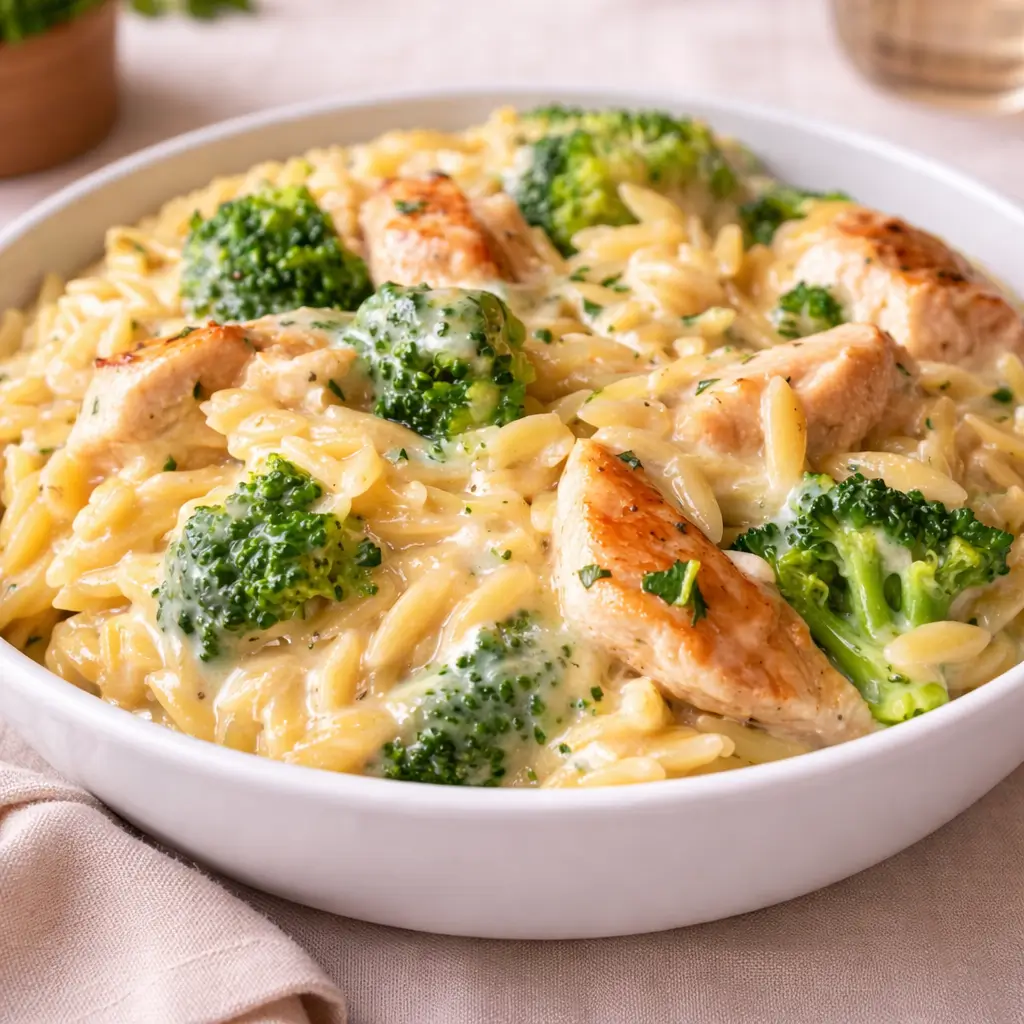Cheesy Chicken Broccoli Orzo in a skillet