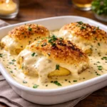 Golden Chicken Pillows with Creamy Parmesan Sauce on a plate.