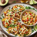 Chili Lime Chicken Tacos with grilled pineapple salsa and avocado crema