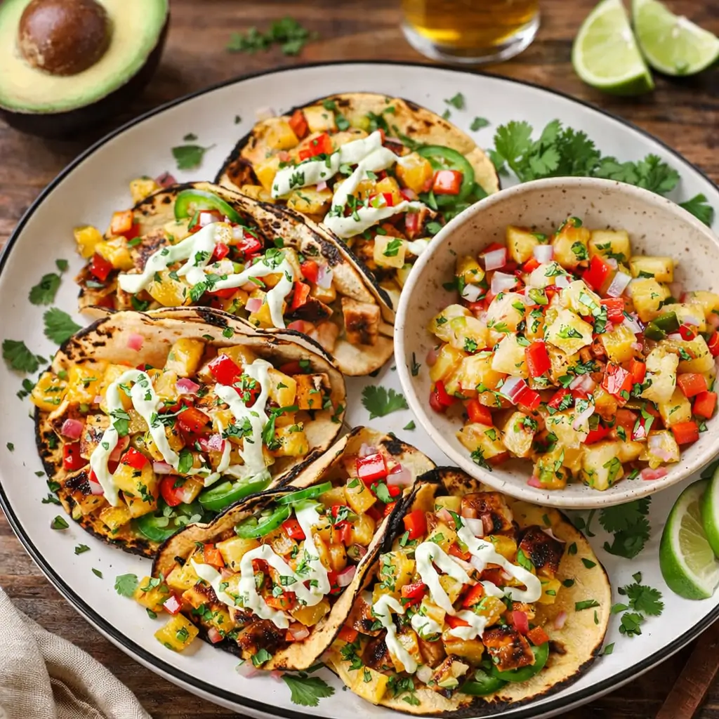Chili Lime Chicken Tacos with grilled pineapple salsa and avocado crema