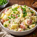 A bowl of creamy American Potato Salad on a wooden table.