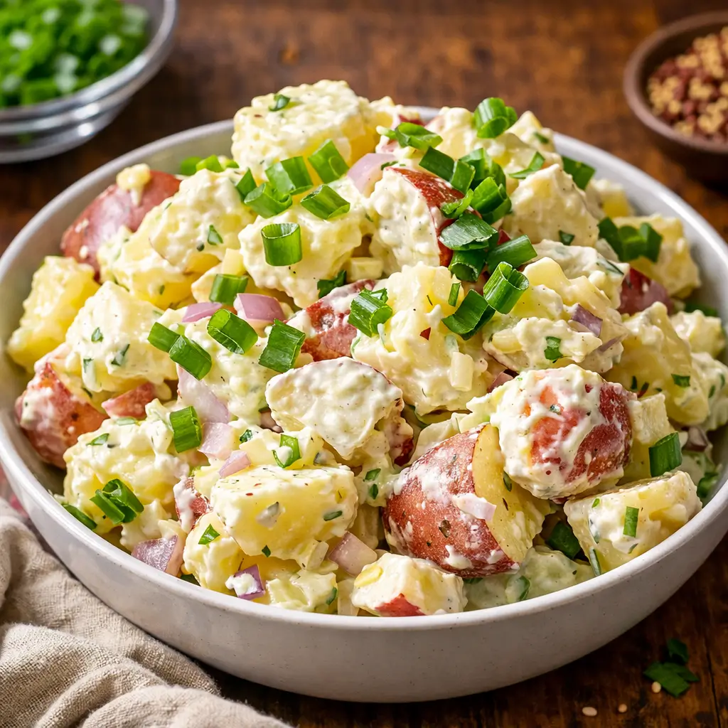 A bowl of creamy American Potato Salad on a wooden table.