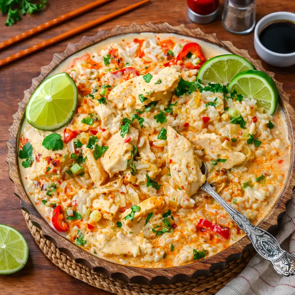 Creamy Coconut Milk Chicken served over white rice with cilantro garnish