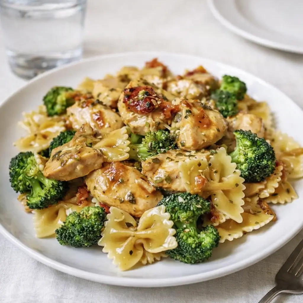 Cowboy Butter Lemon Bowtie Chicken in a bowl with herbs
