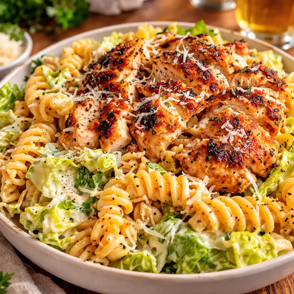Creamy Chicken Caesar Pasta Salad in a white bowl on a wooden table