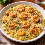 A skillet of Creamy Garlic Shrimp Orzo garnished with lemon and parsley.