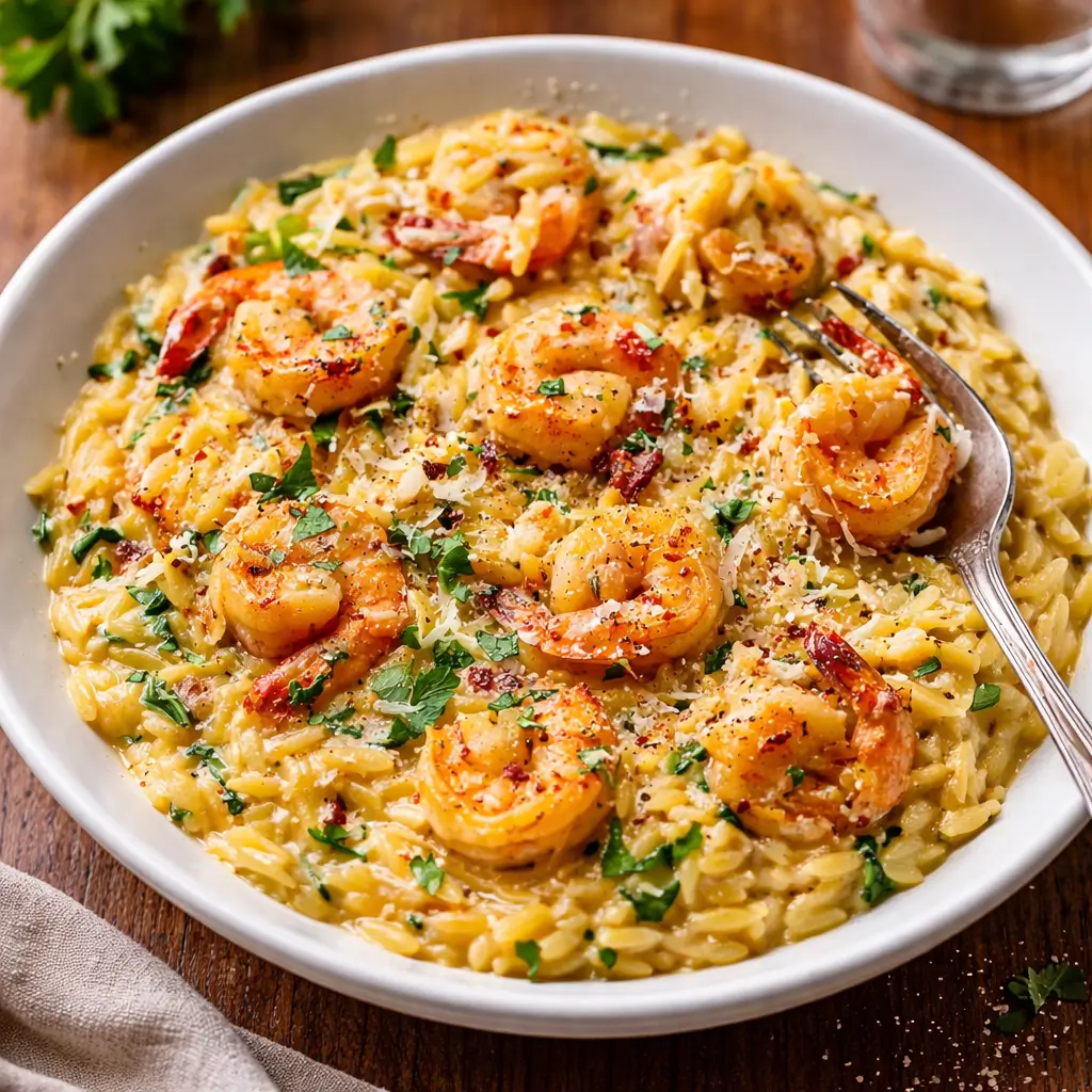 A skillet of Creamy Garlic Shrimp Orzo garnished with lemon and parsley.