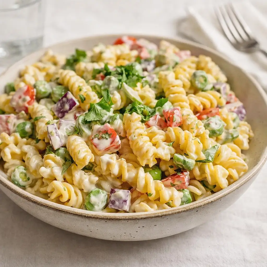 A bowl of Creamy Pasta Salad with rotini and fresh vegetables.