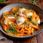 Creamy Red Pepper Pasta with Burrata and Herbs in a rustic bowl