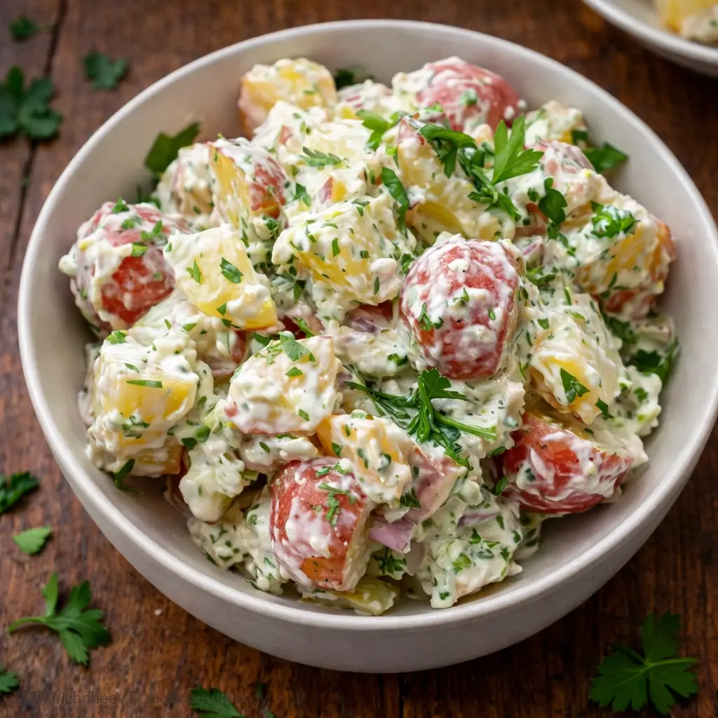 Creamy Red Potato Salad in a white bowl on a wooden table