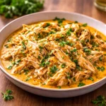 A bowl of Creamy Shredded Chicken garnished with parsley.