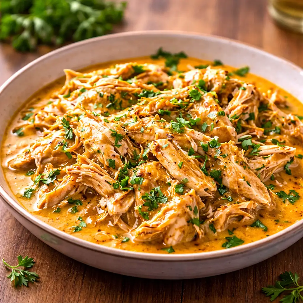 A bowl of Creamy Shredded Chicken garnished with parsley.
