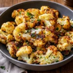 Crispy Garlic Parmesan Cauliflower roasted on a baking sheet with lemon.
