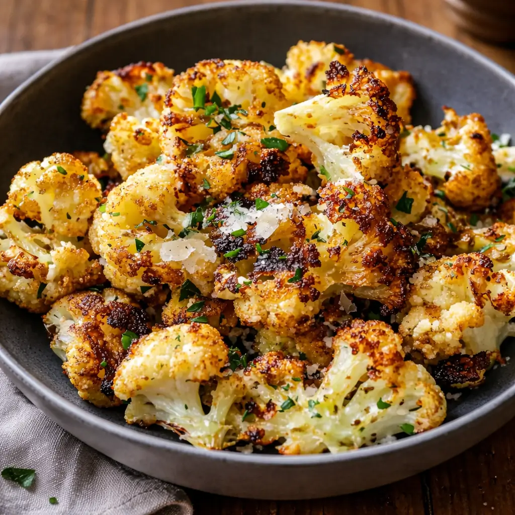 Crispy Garlic Parmesan Cauliflower roasted on a baking sheet with lemon.