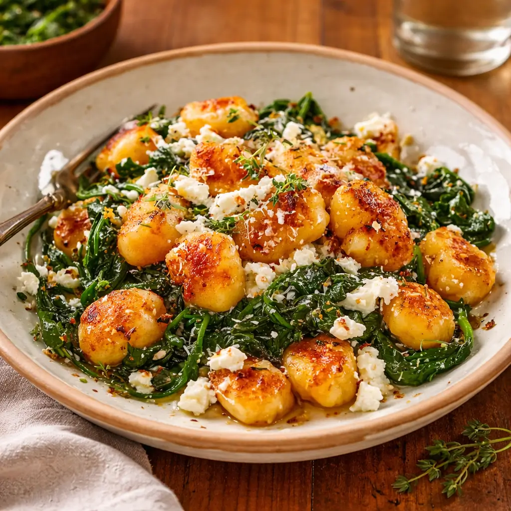 Crispy Gnocchi With Spinach And Feta served in a white bowl on a wooden table.