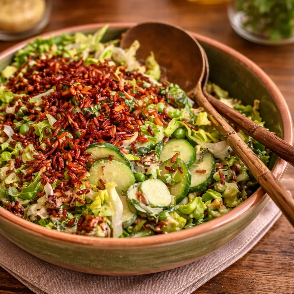 A vibrant bowl of Crispy Gochujang Rice Salad with avocado and herbs.