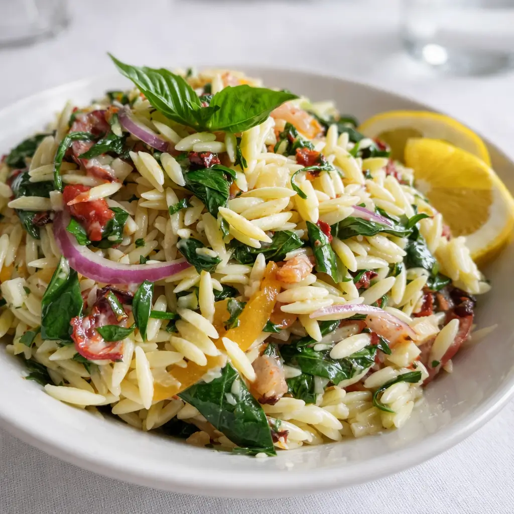 Delicious Lemon Basil Orzo Pasta Salad in a white bowl on a wooden table.