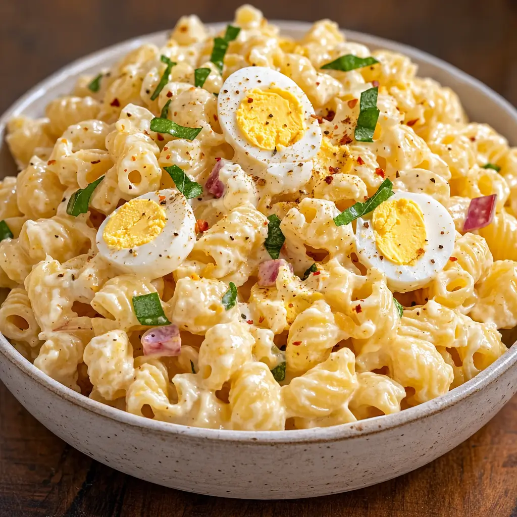 Creamy Deviled Egg Pasta Salad in a bowl with paprika and dill.
